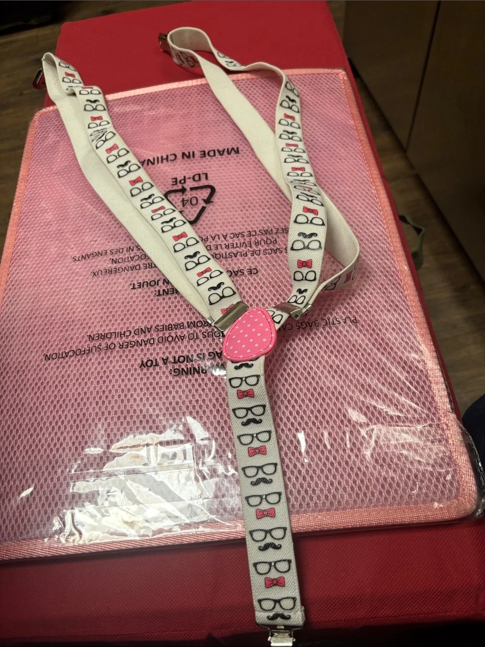 White Novelty Suspenders with Pink glasses ,bow tie and mustache Accent